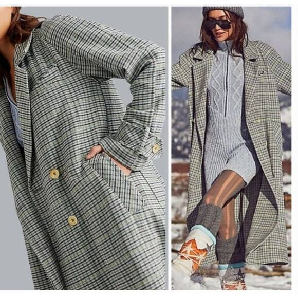 New Free People WE THE FREE Liberty Duster Plaid Jacket $298 X-SMALL Light Blue